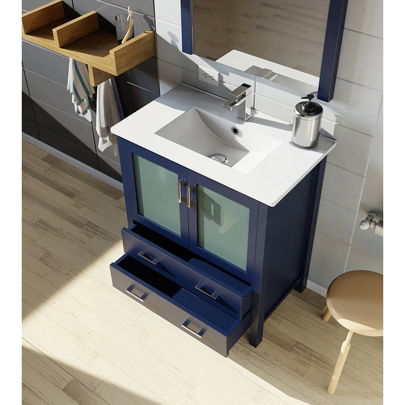 Meuble-lavabo de salle de bain D, dessus en céramique, ensemble de robinet, et po Miroir, 30.05", Marine