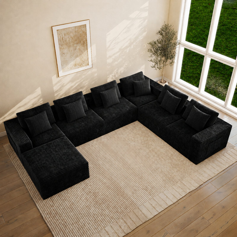 Abdou 141.7" Boneless U-Shaped Compression Sectional Sofa, Corduroy Cloud Couch, Black