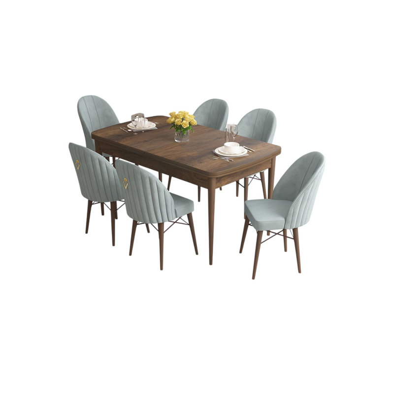 Ensemble de table et chaises de salle à manger moderne extensible (7 pièces), baroque et vert mer | 100% panneau de fibres à densité moyenne avec pieds en bois et structure en métal | Table: 51,2 po x 30,7 po x 31,5 po, chaises: 17,3 po x 37,8 po x 16,5 po | Siège confortable en mousse, design élégant