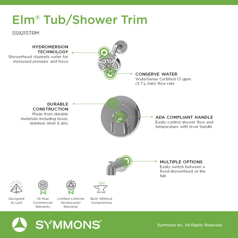 Elm Wall Mounted Tub and Shower Trim Kit with Diverter Lever, Polished Chrome