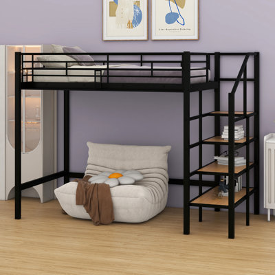 Metal Loft Bed With Upper Grid Storage Shelf And Lateral Storage Ladder