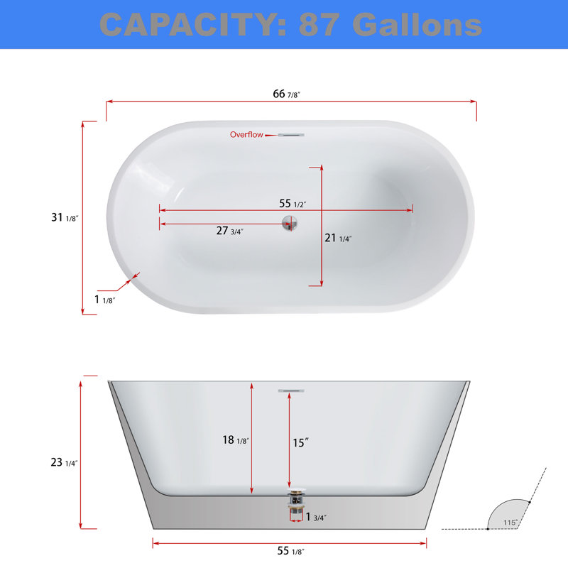 66" x 28" Freestanding Soaking Acrylic Bathtub