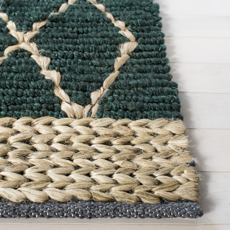 Kedron Natural Fiber Hand Loomed Jute/Cotton Geometric Rug in Dark Green, Rectangle 5' x 8'