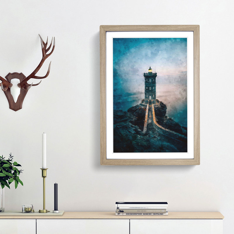 Lighthouse in Le Conquet France - Picture Frame Graphic Art Print, Oak Framed, 45cm H x 33cm W x 2cm D