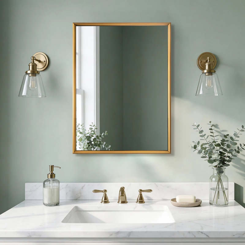 Modern Rectangular Bathroom Vanity Mirror with Beveled Edges | Stainless Steel Frame, 32" x 24", Brushed Gold