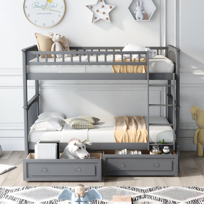 Brianca Kids Bunk Bed with Drawers, Gray, Twin Over Twin