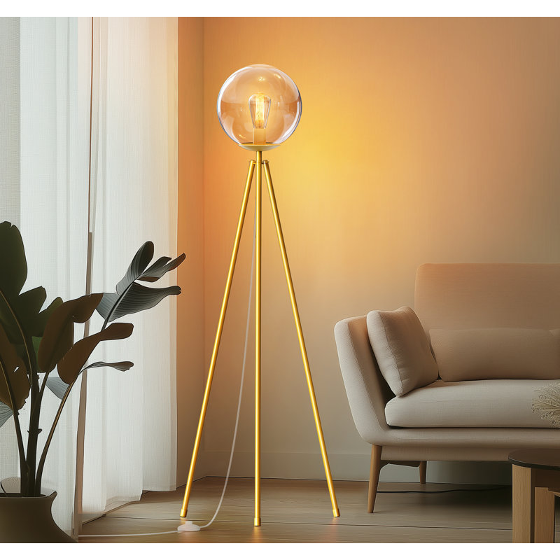 65'' Modern Tripod Floor lamp with Glass Shade，Gold Standing Lamp with LED Bulb for Living Room