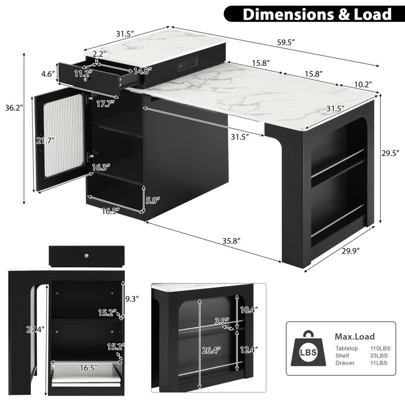 Îlot de cuisine 59,5 po avec table de salle à manger extensible et rangement double-face, Noir
