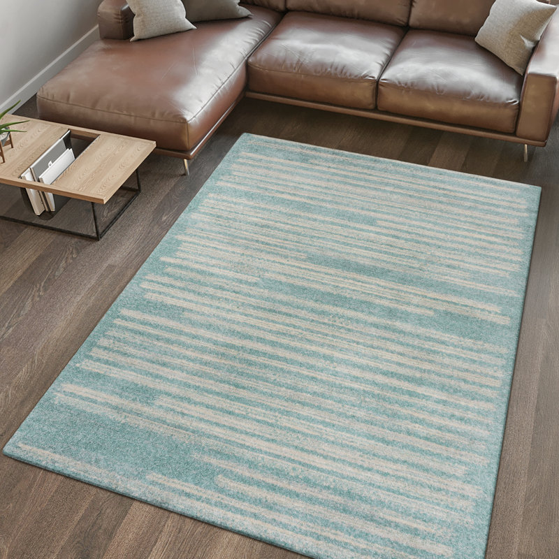 Alvieri Modern Berber Stripe Turquoise/Cream Rug, Rectangle 5'3" x 7'7"