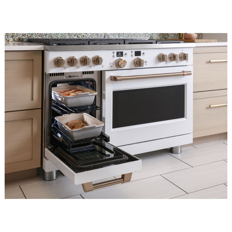 Café 48" Dual Fuel Sealed Burners Double Oven, Matte White, Brushed Bronze
