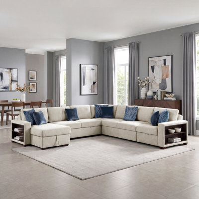 Mischa 140" Modern & Contemporary Microfiber 5-Piece Sectional Sofa with Pull-Out Bed, Built-In Charging Ports & Hidden Storage