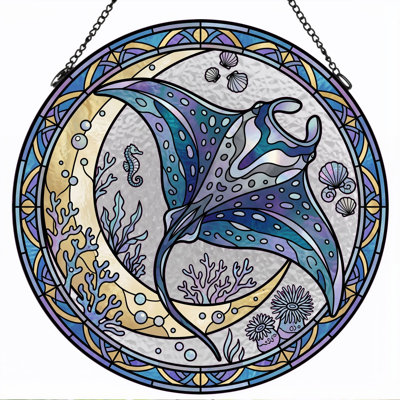 Manta Ray Stained Glass Window Panel，12"H