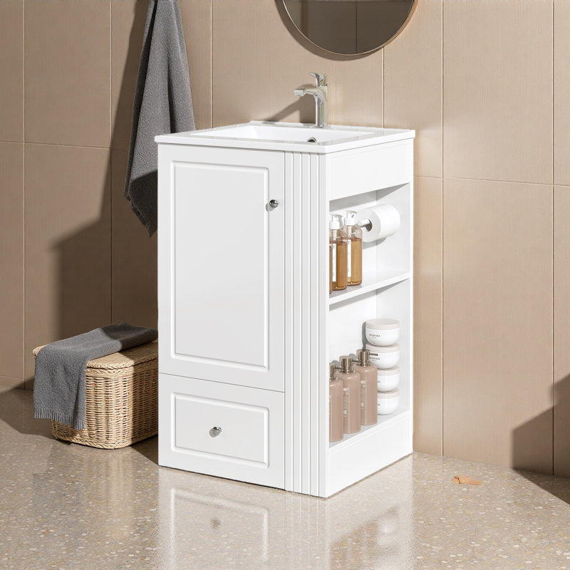 20" Freestanding Bathroom Vanity With Ceramic Sink, Single Faucet Hole, MDF Storage Cabinet With Soft-Close Drawer, Open Side Shelves With Pinewood Towel Bar