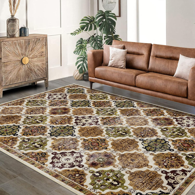 Tapis à motif floral en damier Boho, Brun, Rectangulaire 8 pi x 10 pi