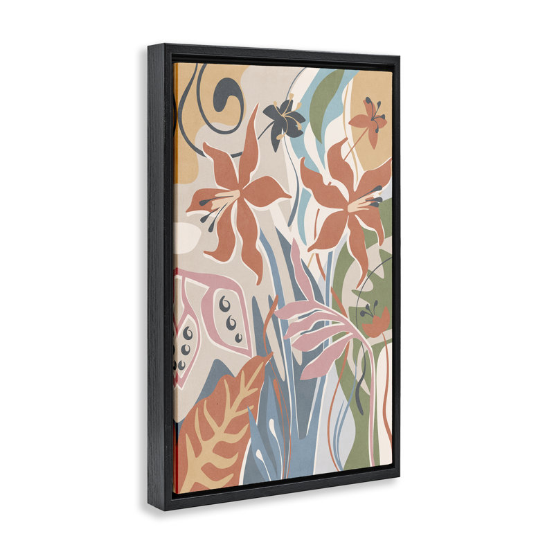 «Neutral Whimsy Florals», toile flottante encadrée grise par Nataly White, Cadre flottant noir de jais, H 31 po x l 21 po