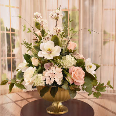 Rose and Hydrangea Faux Floral Arrangement with Feathers AR494 : Floral  Home Decor=>silk rose arrangements, tulip floral arrangements, magnolia  silk flower arrangements, tropical arrangements, tropical silk flower  arrangements, peony arrangement