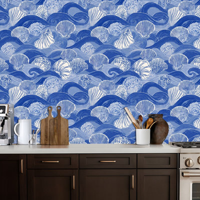 Peel and Stick Wallpaper Seashell Ocean Waves Nautical Blue White Tones Contact Paper Removable Self Adhesive Wall Mural Wall Decor for Bedroom Kitchen Cabinets 17.7in x 118in