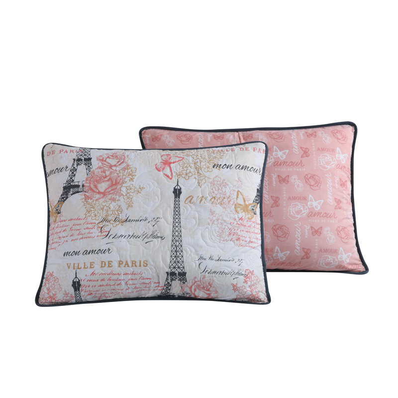 Amour Polyester Toile Quilt, Pink, King Quilt + 2 Shams + Throw Pillow