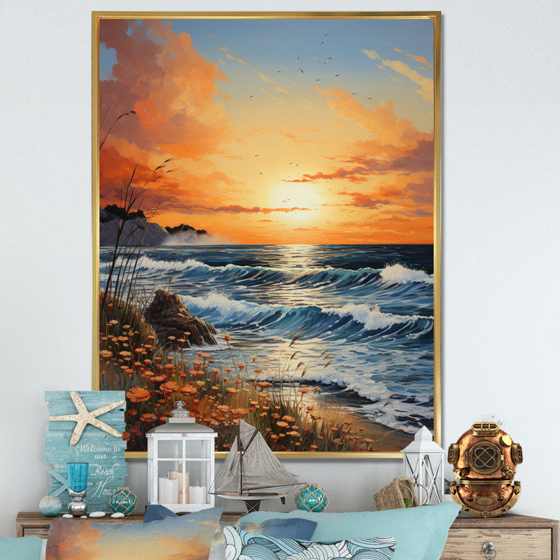 Brise de plage au lever du soleil, H 44 po x l 34 po x P 1,5 po, Cadre flottant doré