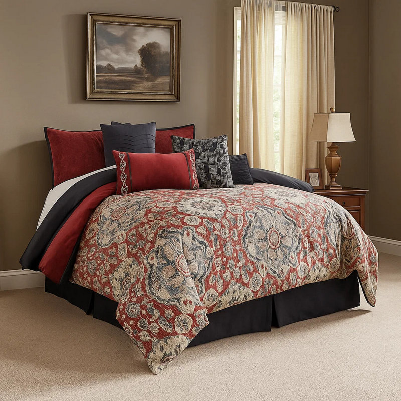 Ensemble d'édredon en microfibre rouge / gris , Grand édredon et 8 pièces supplémentaires