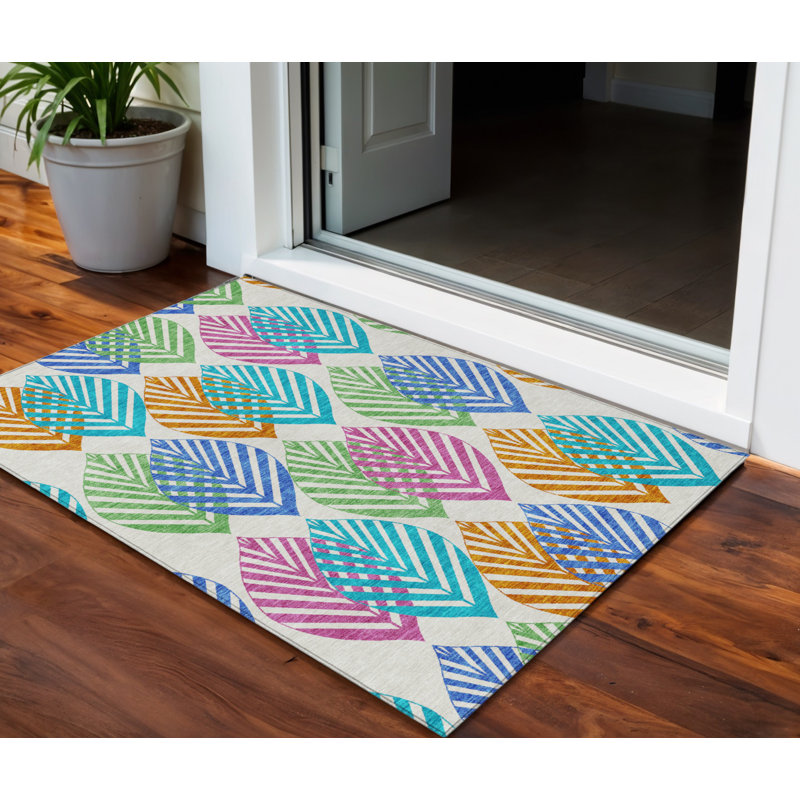 Tapis extérieur lavable floral blanc orange et bleu 3 pi x 5 pi
