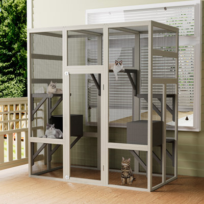 Grand enclos extérieur en bois massif pour chat en bois massif avec 5 plateformes et 2 boîtes de repos