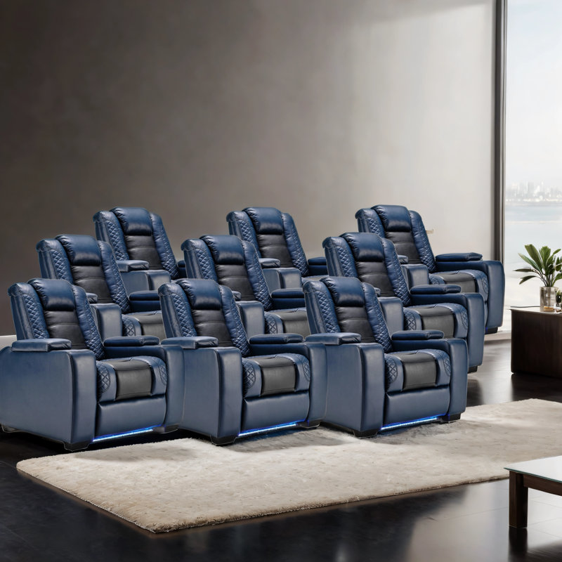 39'' Adjustable Headrest Power Recliner Man Cave Home Theatre Chair With Cup Holders USB LED (Set of 9), Blue