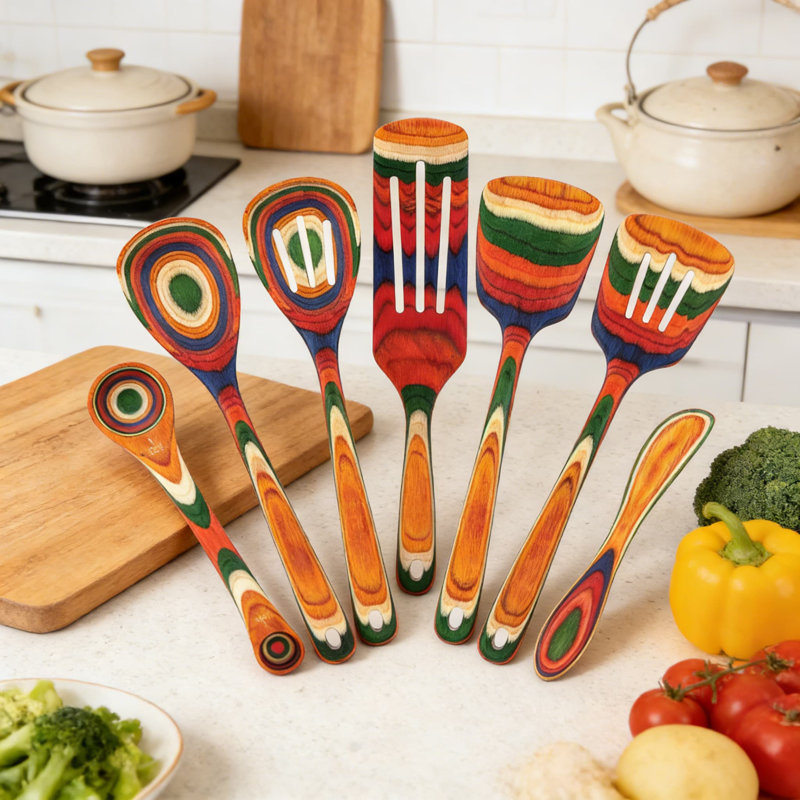 Ensemble d'ustensiles de cuisine 7 pièces pour batterie de cuisine antiadhésive, outils de cuisine en bois avec poignées colorées