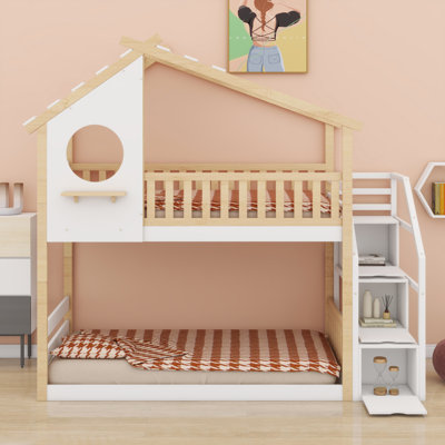 Lit superposé House avec escalier de rangement et barrière de sécurité