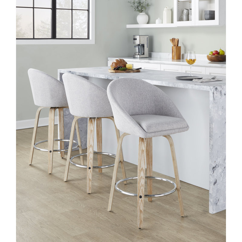 Tabourets de comptoir à hauteur fixe de 26 po avec pieds en bois cintré et repose-pieds rond Maddison, Blanc délavé / chrome