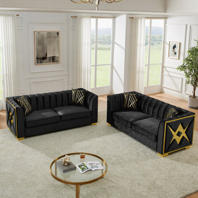 81.1 Inches Velvet Button Tufted Sofa Couch With 2 Pillows, 3 Seater Luxury Chesterfield Sofa Set With Gold Stainless Steel Accents For Living Room, Velvet Black