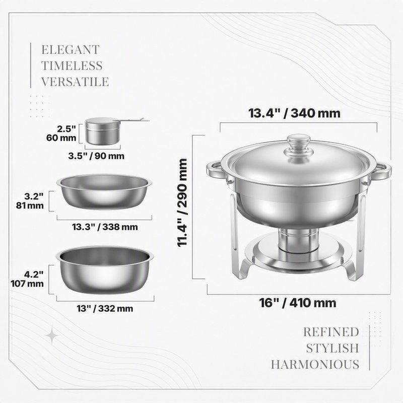 Ensemble de buffet de 2 chafing dishes ronds de 5 pintes (4,7 L), en acier inoxydable, idéal pour maintenir les aliments à la température et dresser une table élégante.