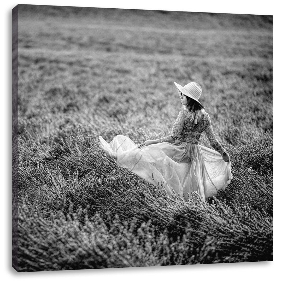 Leinwandbild Woman in Dress Running Through Lavender Field