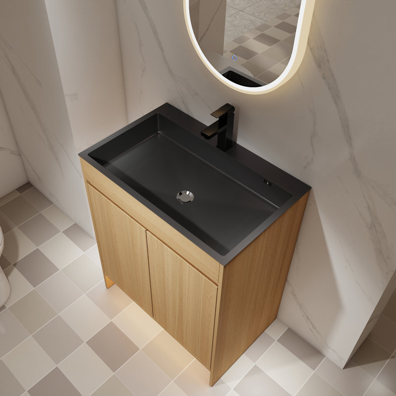 Meuble-lavabo autoportant de 28 po avec lavabo en acier inoxydable et portes à fermeture en douceur