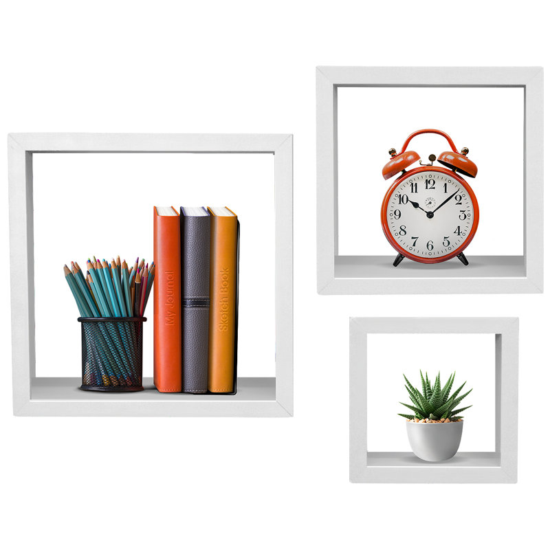 White Faux Wood Floating Cube Wall Shelves Set