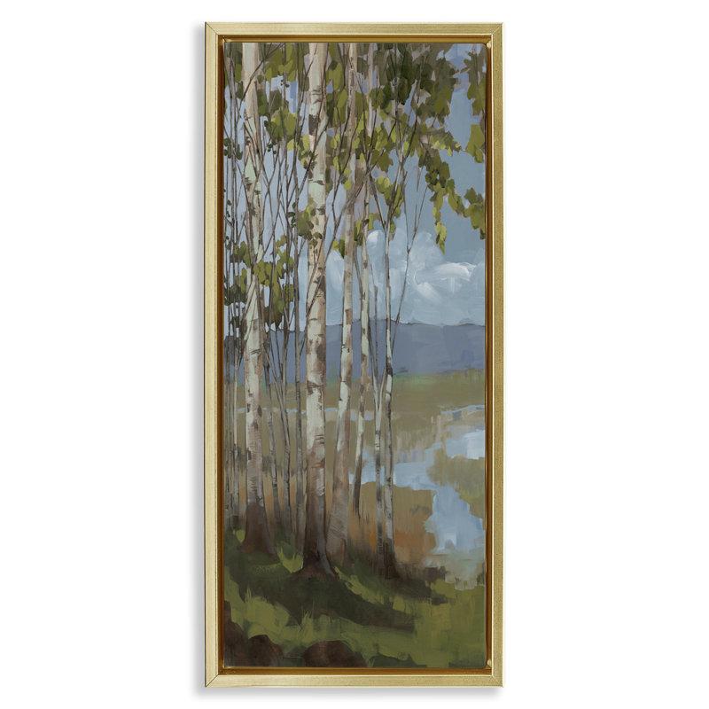 «Rustic Birch Grove», art mural encadré sur toile flottante par Trevor Copenhaver, Cadre flottant métallique doré