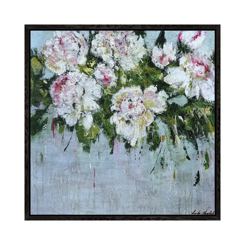 White Peonies 1 Piece Painting on Canvas, 45.72cm H x 45.72cm W x 3.81cm D, Black Floater Framed