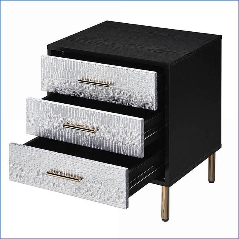 Table de chevet moderne noire / argentée / dorée à 3 tiroirs avec pieds en métal