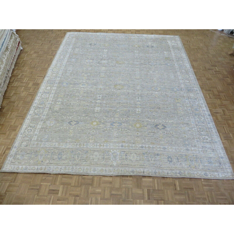 Tapis oriental en laine et soie noué à la main gris / or / ivoire Oushak, Rectangle 12 pi 1 po x 15 pi 3 po