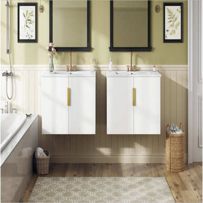 Ensemble de meuble-lavabo vintage 60 "avec lavabo en céramique (séparé), avec lavabo simple en céramique à 3 trous, meuble-lavabo de salle de bain avec portes à fermeture douce