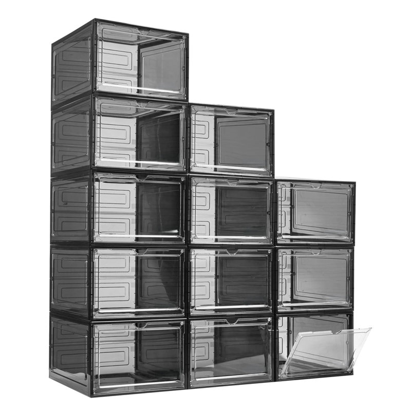 Upgrade Shoe Box Storage Containers,Thicken Sturdy Clear Stackable Plastic Shoe Organizer Box With Magnetic Door, Drop Front Shoe Box Sneakers X-Large,(Clear Black/12 Pack)