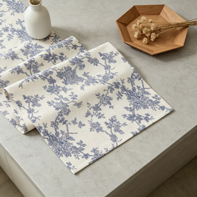 French Pastoral Table Runner 13X72 Inch, Cotton Farmhouse Tablecloth With Vintage Floral Print, Unbleached Home Decor For Dining Table