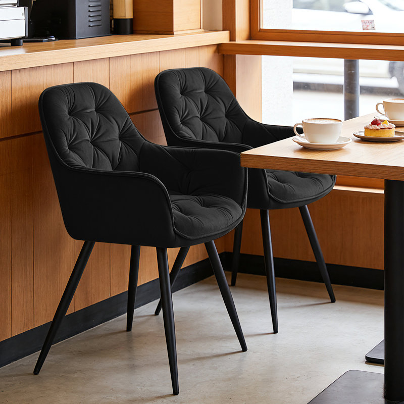 Velvet Upholstered Armrests Tufted Dining Chair with Wide Back 50cmH, Black