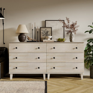 Commode avec 6 tiroirs, commode moderne avec pieds en bois massif et commode avec armoire de rangement pour salon, chambre de bébé, chambre de bébé, chêne beige