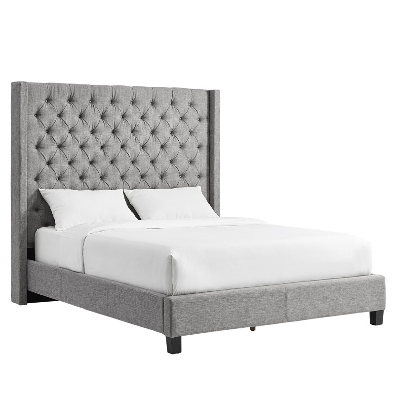 Lit plateforme tapissier capitonné standard à profil bas Kaster, Lin gris étain, Grand