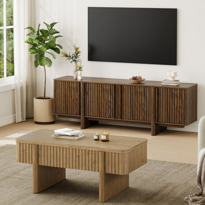 70" Modern Fluted TV Stand & Coffee Table Set, Wood Grain Entertainment Center with Storage for Living Room