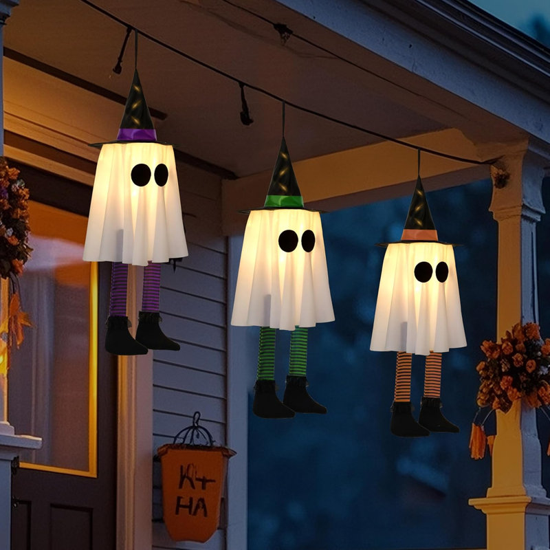 3 pièces d'Halloween décorations de fantômes suspendus, décoration d'arbre de fantômes lumineux avec chapeau de sorcière