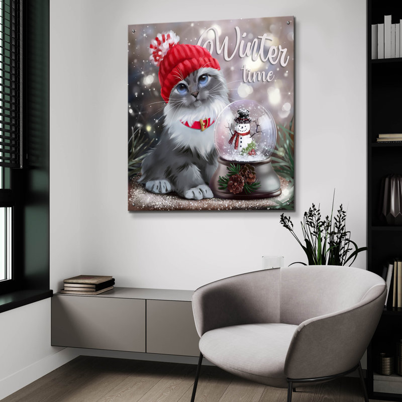 «Chat gris dans un bonnet rouge et bonhomme de neige dans une boule de neige» par Kajenna Art, 36 po x 36 po