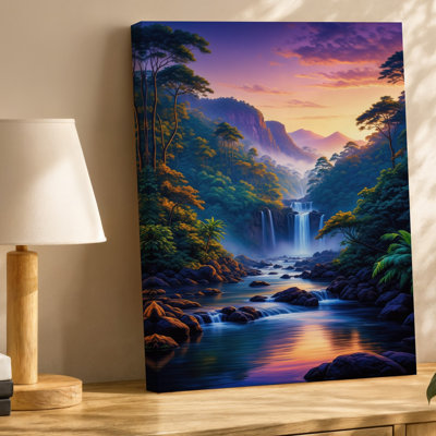 Toile, "Vibrant Lush Jungle Scene At Sunset", art mural cascades qui coule dans une rivière sereine