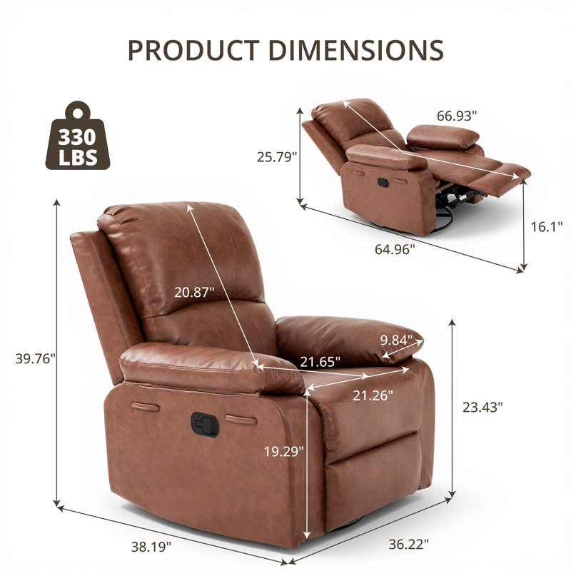 36.22" Faux Leather Manual Swivel Rocker Recliner, Coffee